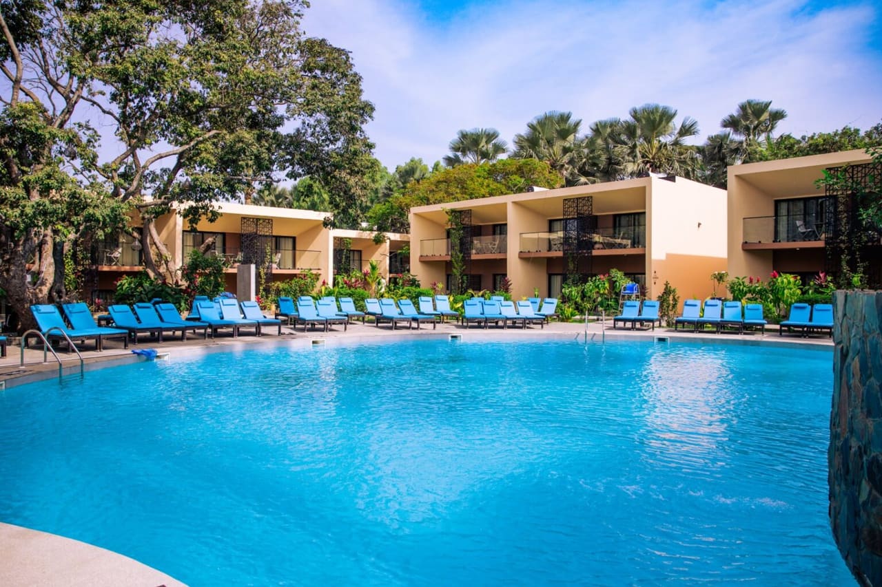 The landscaped pool courtyard at Bakadaji Hotel in Serekunda